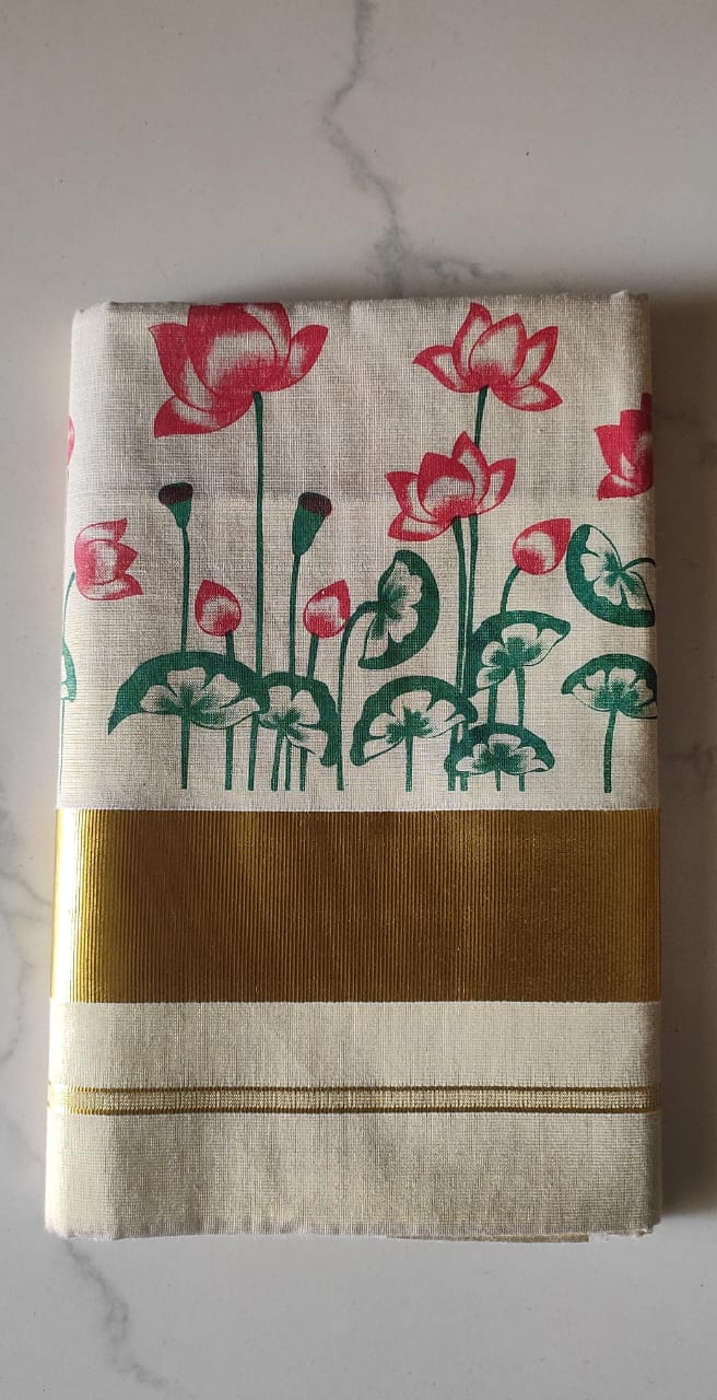 Premium Kerala Saree with Lotus Floral Print