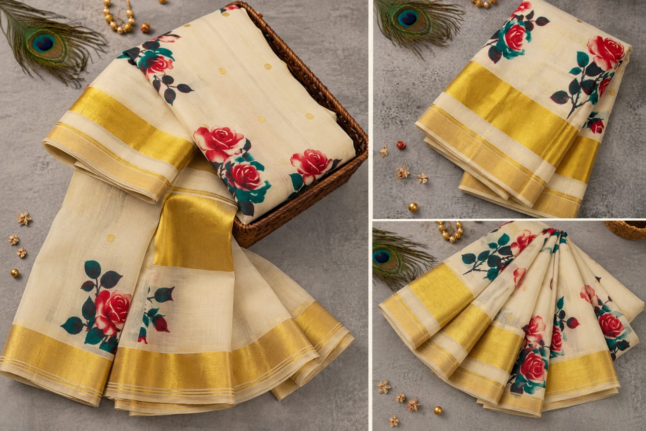 Power Loom Floral Kasavu Saree