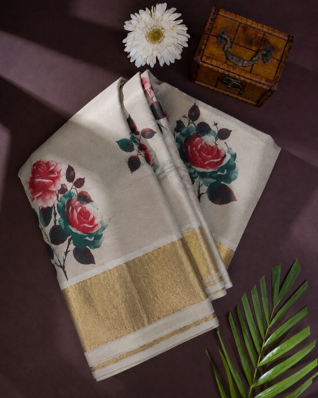 Power Loom Floral Kasavu Saree