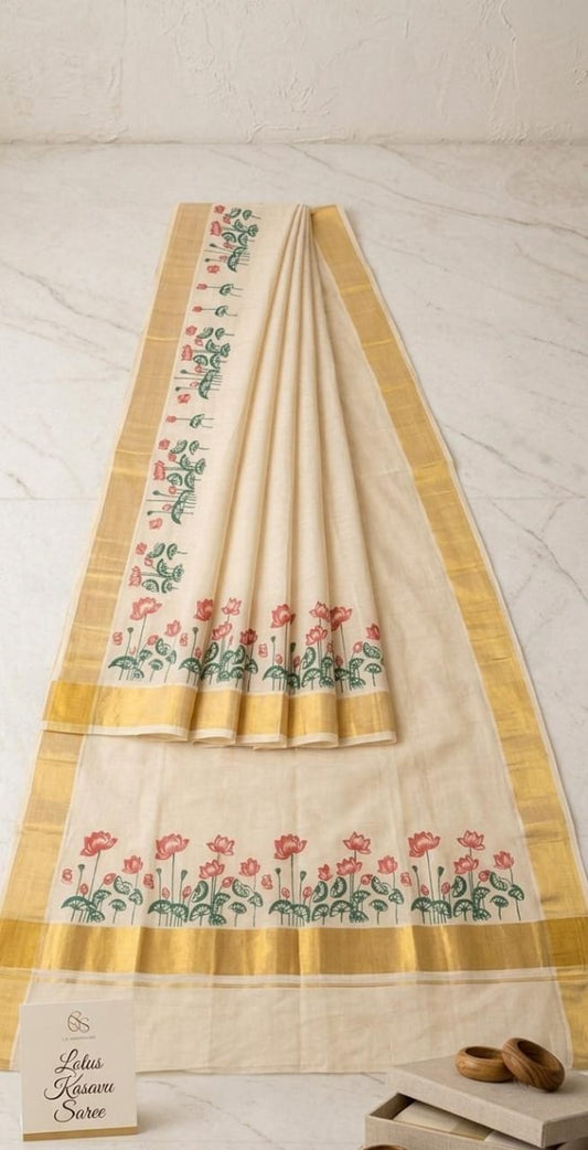 Premium Kerala  Saree with Lotus Floral Print