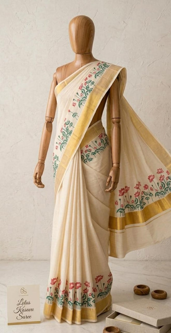 Premium Kerala  Saree with Lotus Floral Print