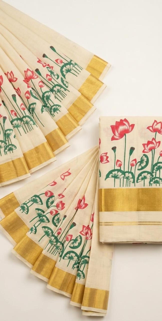 Premium Kerala  Saree with Lotus Floral Print
